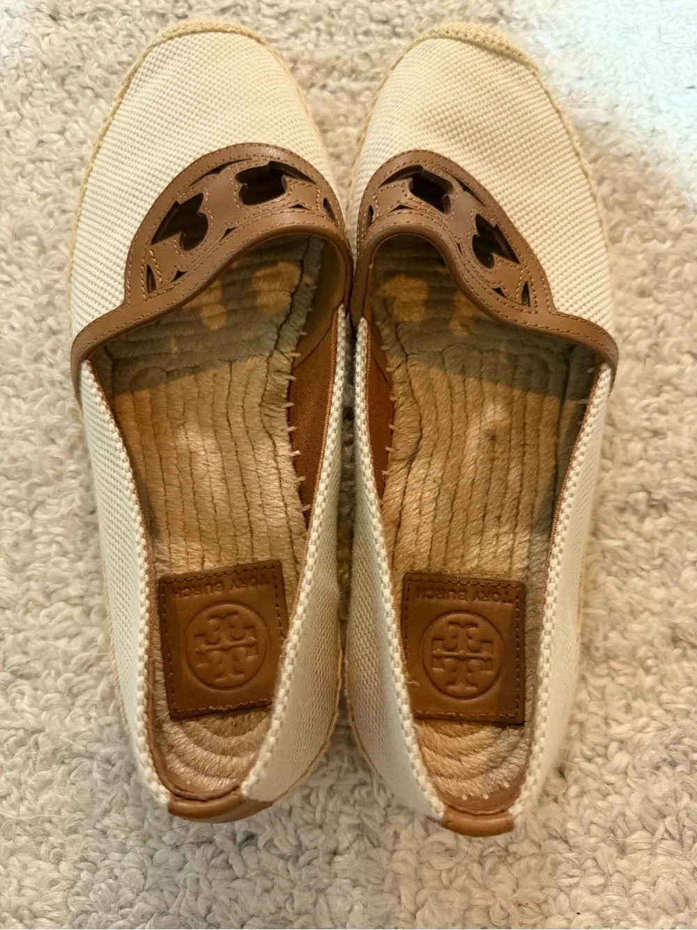 Tory Burch Cream Canvas Espadrille Flats with Tan Logo Accent
